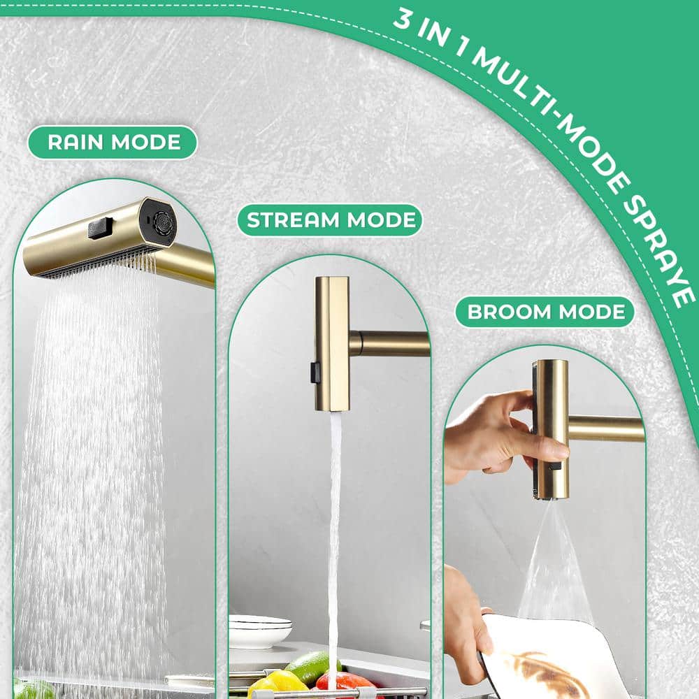 Brushed Gold Stainless Steel High-Arc Kitchen Faucet with Pull-Out Spray