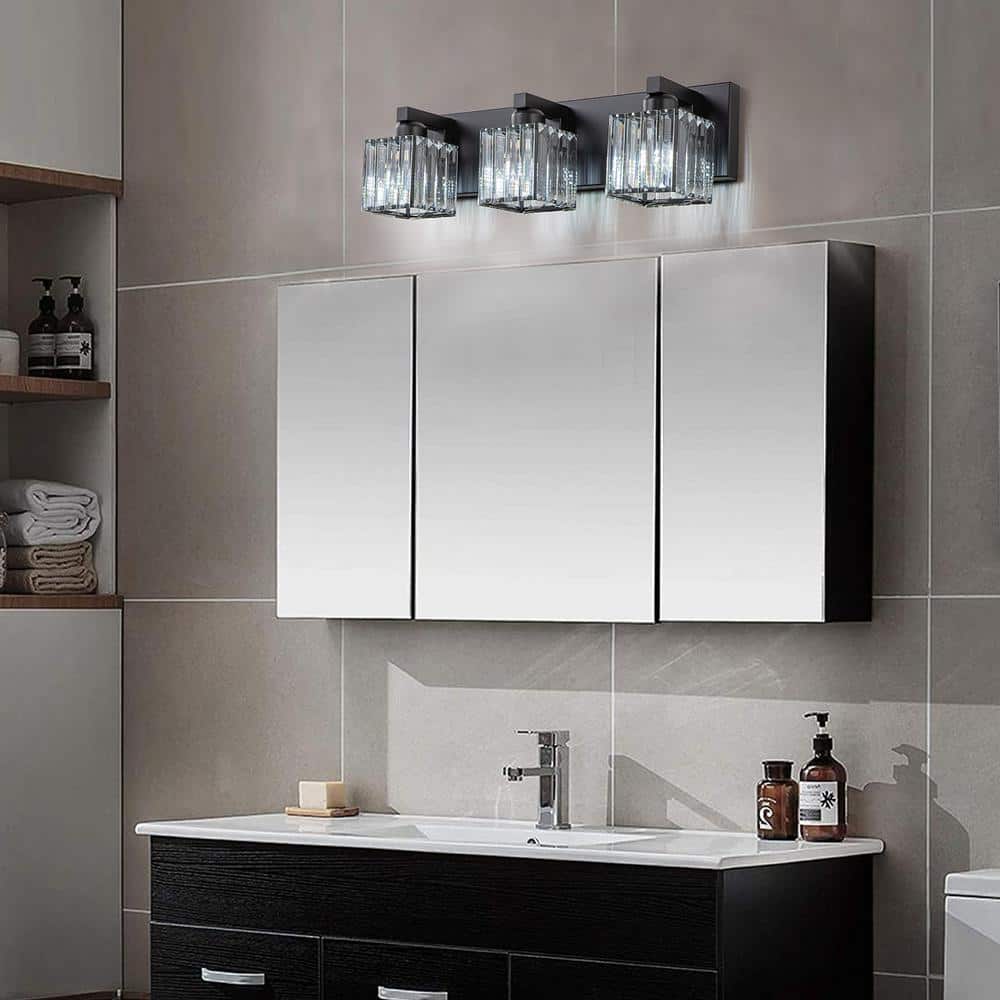Black Metal 3-Light Vanity Fixture with Crystal Cube Shades