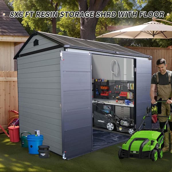8 ft.W x 6 ft.D Outdoor Resin Storage Shed, Tool House with Floor, 2 Windows for Patio Yard Lawn Gray+Black (52 sq. ft.)