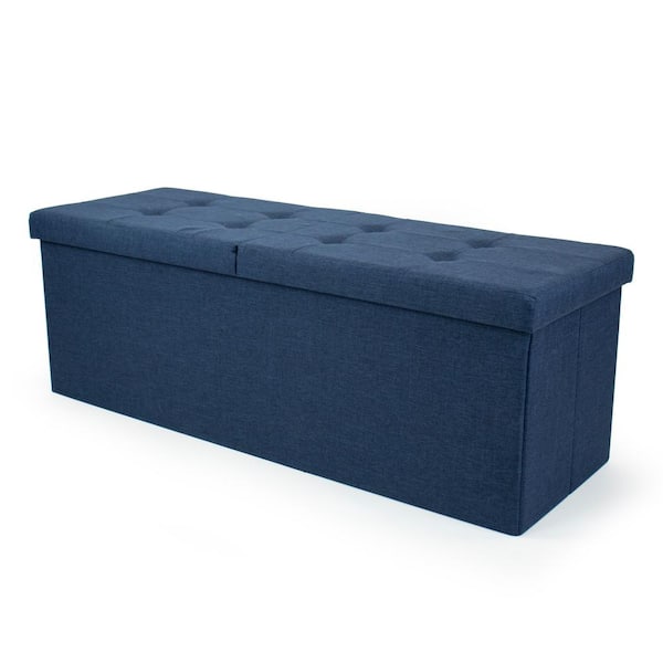 Humble Crew 43 in. Blue Folding Storage Ottoman Bench with Tufted Padded Flip Lid