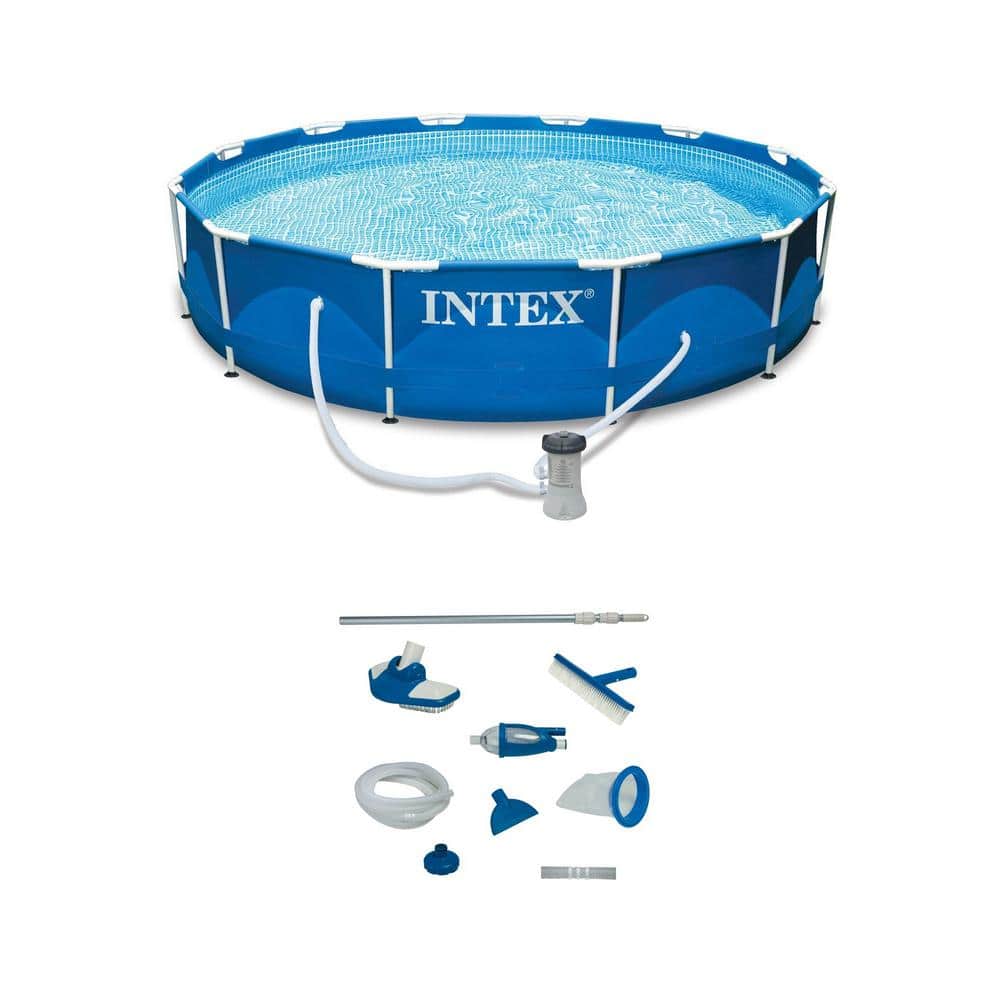 Intex Round 12 ft. x 30 in. Metal Frame Swimming Pool with Filter Pump and  Pool Maintenance Kit 30 in. H 28003E + 28211EH - The Home Depot