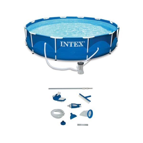 Intex Round 12 ft. x 30 in. Metal Frame Swimming Pool with Filter Pump and Pool Maintenance Kit 30 in. H 28003E + 28211EH - The Depot
