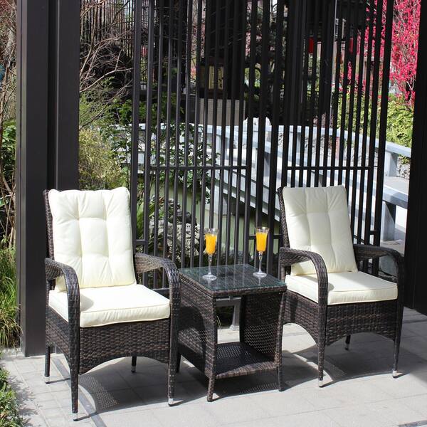 AUTMOON 3-Piece Patio Outdoor Furniture Conversation Set with Beige Cushion