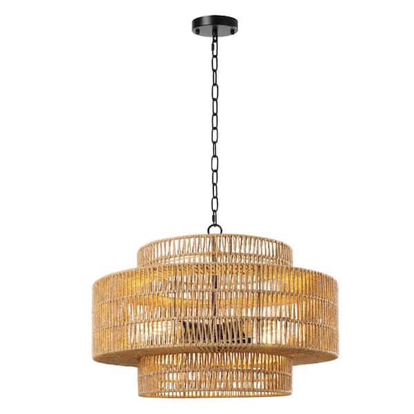 19.6 in. 4-Light 3-Tier Black Hand-Woven Rattan Drum Chandelier