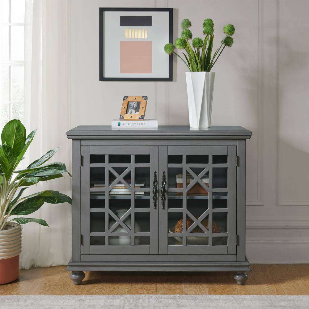 Parisian Antique Gray TV Stand with Trellis Glass Doors