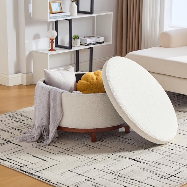 Pigou Modern Beige Boucle Fabric Upholstered Round Storage Ottoman with Wooden Legs