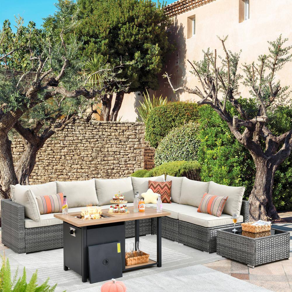 Venice 8-Piece Beige Wicker Outdoor Sofa Set with Fire Pit