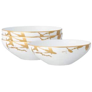 Raptures Gold 7 in., 26 fl. oz White Porcelain Cereal Bowls (Set of 4)