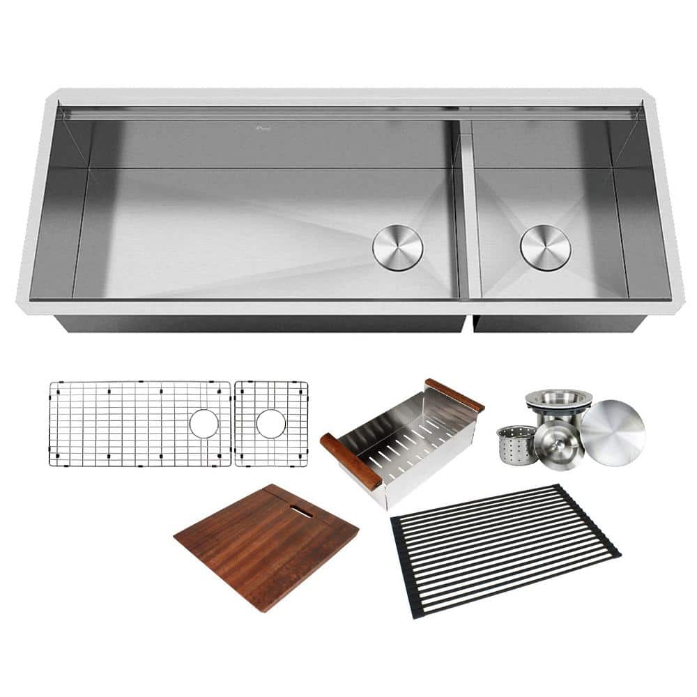 All-in-One Series Undermount Stainless Steel 48 in. Double Bowl Kitchen Sink in Brushed Finish with Accessories, Brushed Stainless Steel Finish
