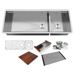 All-in-One Series Undermount Stainless Steel 48 in. Double Bowl Kitchen Sink in Brushed Finish with Accessories
