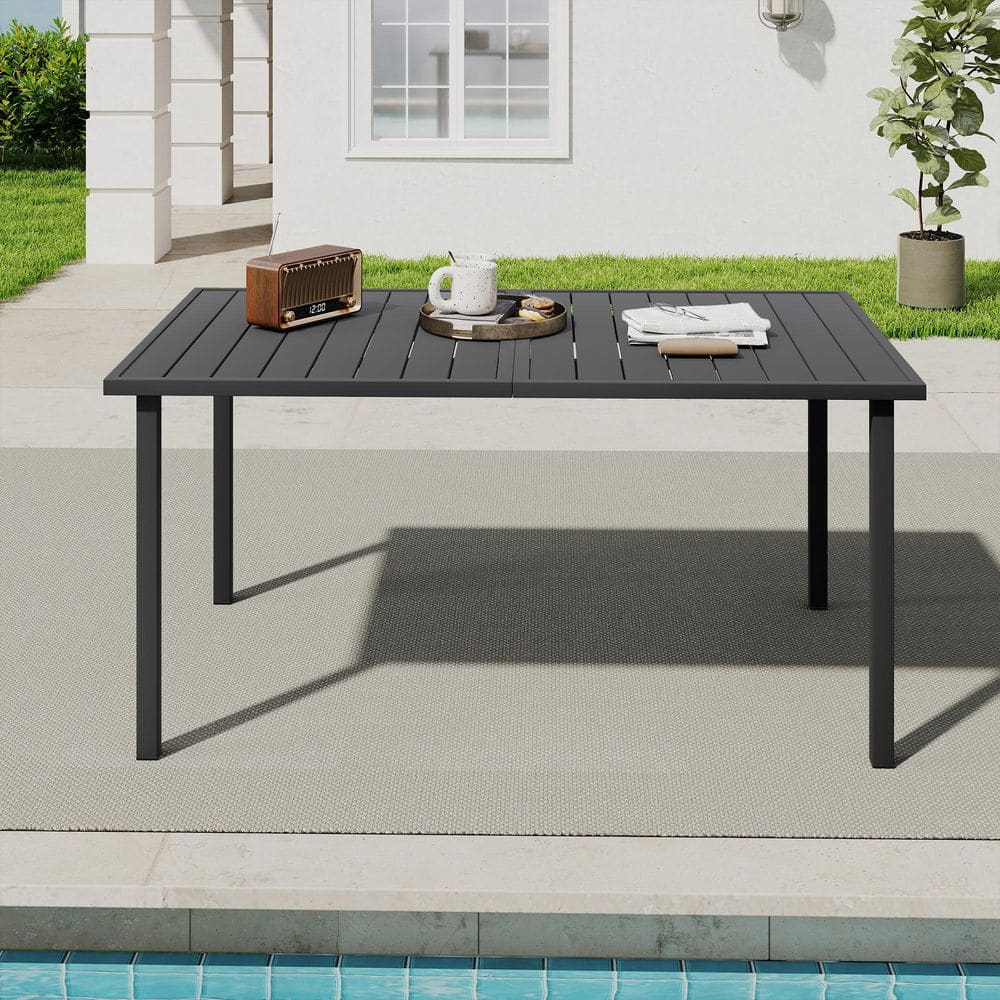 ZestVersa 6-Person Rectangular Black Metal Outdoor Dining Table with Umbrella Hole