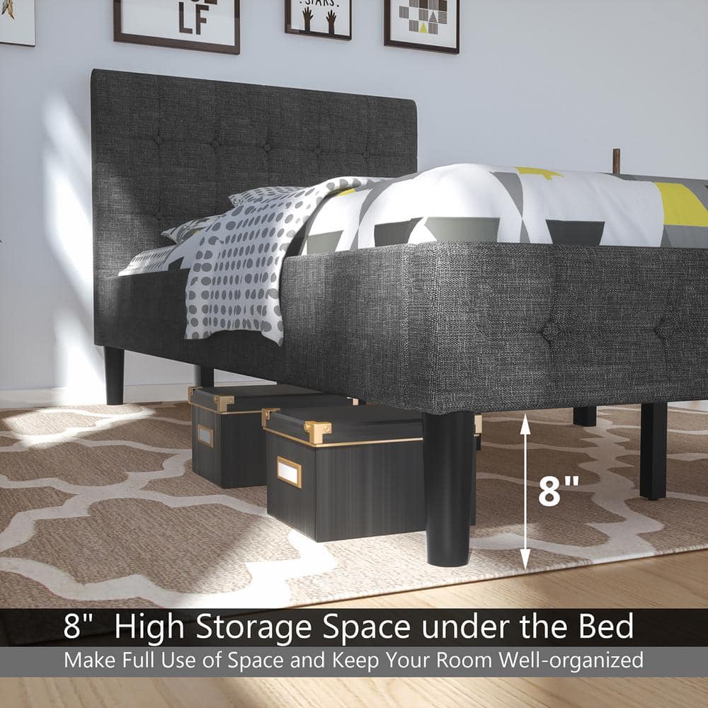 Modern Twin Upholstered Bed Frame with Nailhead Trim and Metal Headboard