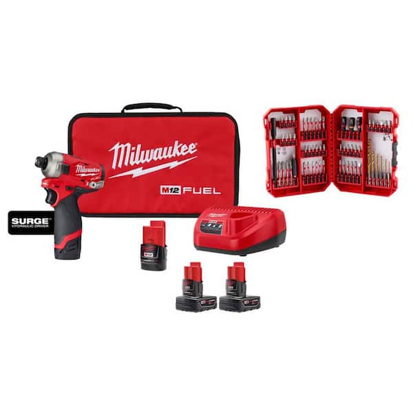 M12 FUEL SURGE 12V Lithium-Ion Brushless Cordless 1/4 in. Hex Impact Driver Compact Kit w/ (4) Batteries & 60 Pc Bit Set