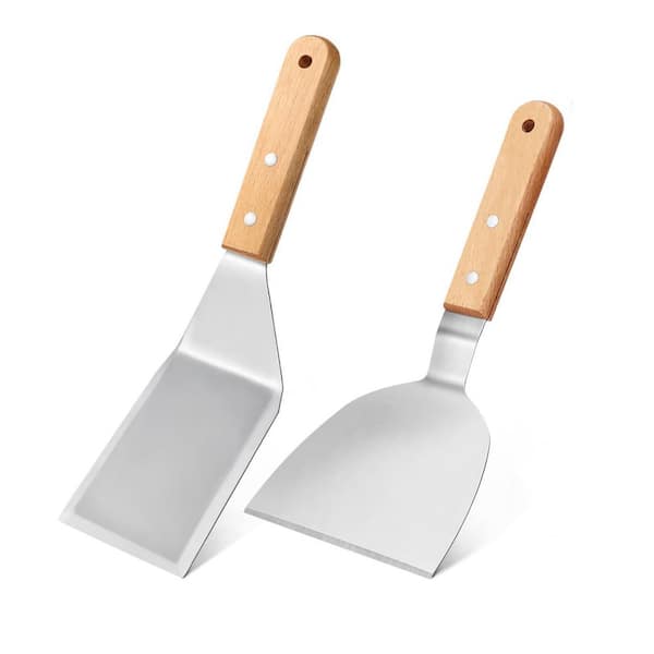 0 in Silver Kitchen Tools Stainless Steel Spatula Set with Wooden Handle Beveled Edge Flipper for Cast Iron Skillet