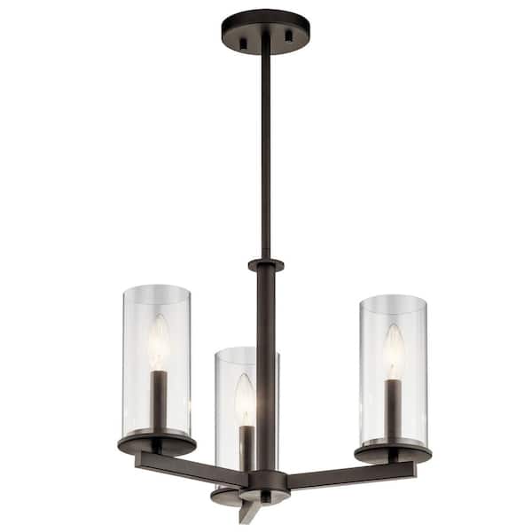 KICHLER Crosby 18 in. 3-Light Olde Bronze Contemporary Candlestick Cylinder Convertible Chandelier for Dining Room
