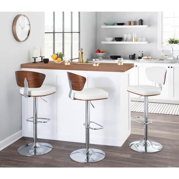 LumiSource Ravinia 32.5 in. White Faux Leather, Chrome Metal, and Walnut Wood Adjustable Barstool (Set of 3)