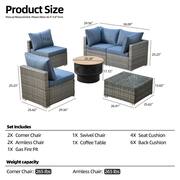 Hippish Gray 6-Piece Wicker Patio Wood Burning Fire Pit Conversation Set with Denim Blue Cushions