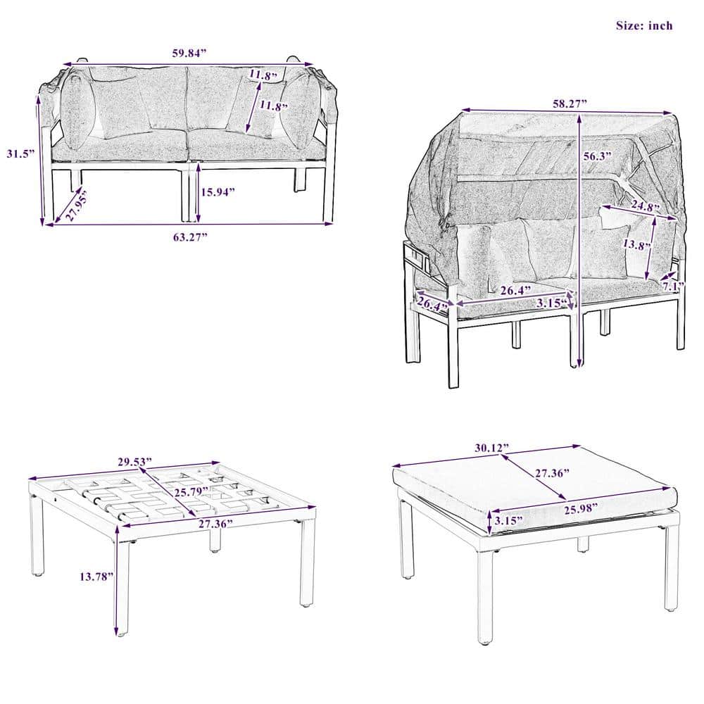 Beige Metal Two-Seat Sectional with Retractable Canopy