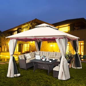 13 ft. x 10 ft. Sand Color Beige Outdoor Canopy Gazebo Art Steel Frame Party Patio Canopy Gazebo with Netting