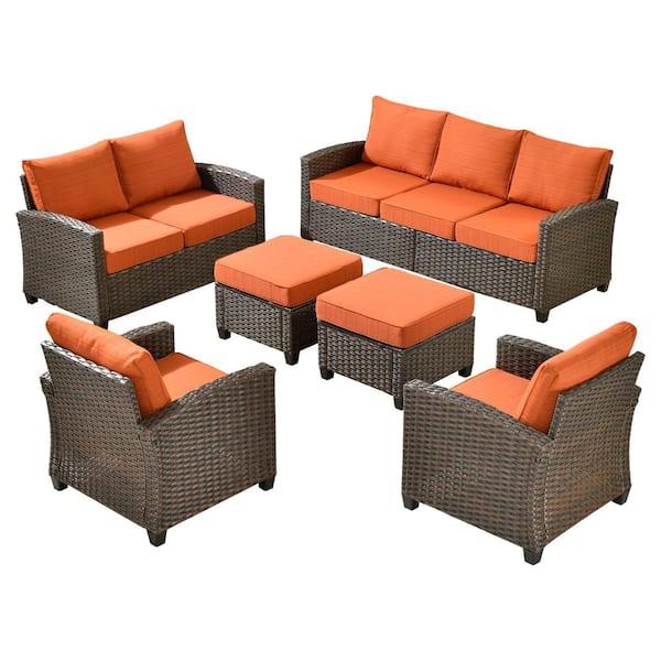 Palermo Brown 6-Piece Modern Wicker Modular Outdoor Patio Conversation Sofa Seating Set with Orange Red Cushions