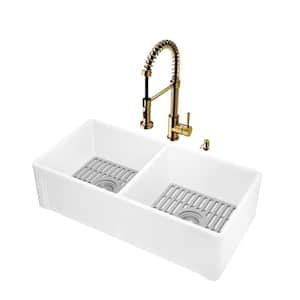Matte Stone White Composite 33 in. Double Bowl Farmhouse Apron-Front Kitchen Sink with Faucet in Gold and Accessories