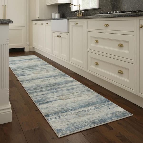 2 ft. x 8 ft. Blue Abstract Washable Area Rug