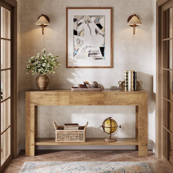 67 in. Oak Rectangle Wood Console Table with 3-Drawers, Long Sofa Table Behind the Couch with Storage Shelf Living Room