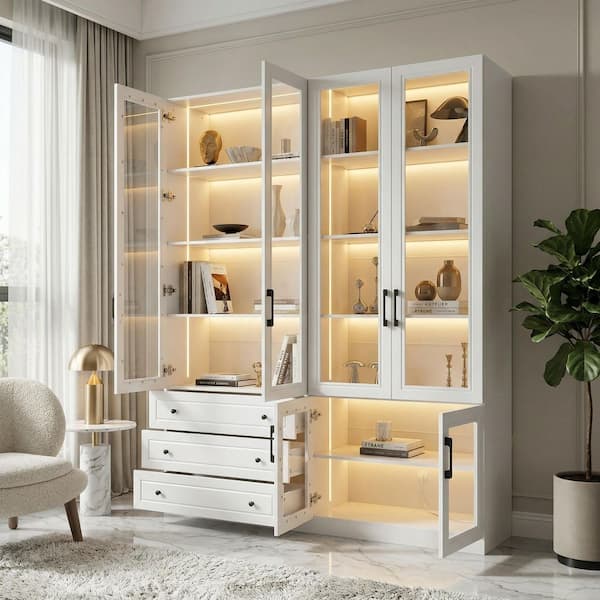White Wood 63 in. x 78.7 in. Pantry Cabinet with 7-Color LED Lighting, Glass Doors, 10 Shelves and 3 Drawers