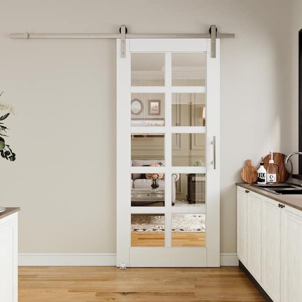 36 in. x 80 in. 10-Lite Clear Glass White Primed Sliding Barn Door with Hardware Kit Nickel Plated