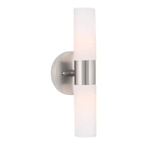 Duo 14 in. 2-Lights Brushed Nickel Vanity Light with Frosted Glass Shades