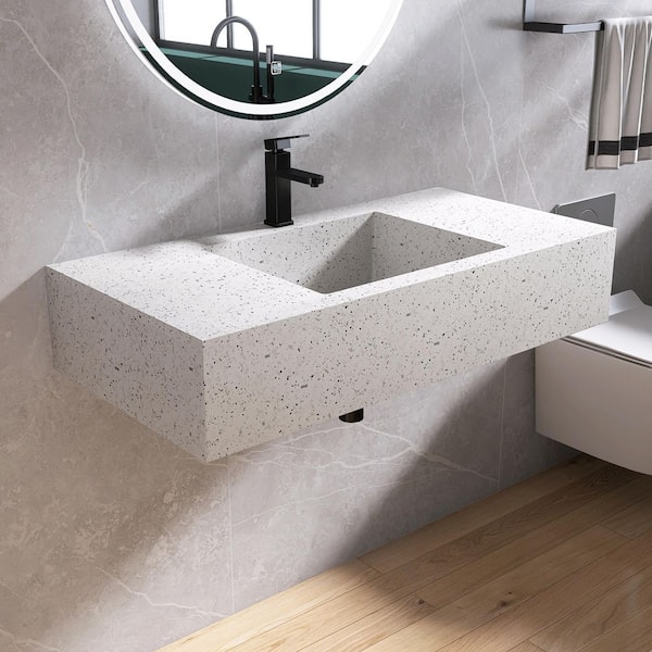 39 in. x 20 in. x 8 in. Terrazzo Solid Surface Wall-Mounted Bathroom Vessel Sink in White with Faucet Hole