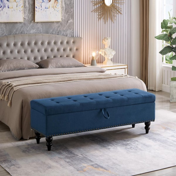 59 in. Blue Tufted End of Bed Bench Ottoman with Storage, 500 lbs. Capacity-Space-Saving Design