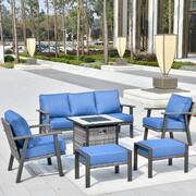 Walden Grey 6-Piece Wicker Steel Outdoor Patio Conversation Sofa Set with a Fire Pit and Sky Blue Cushions