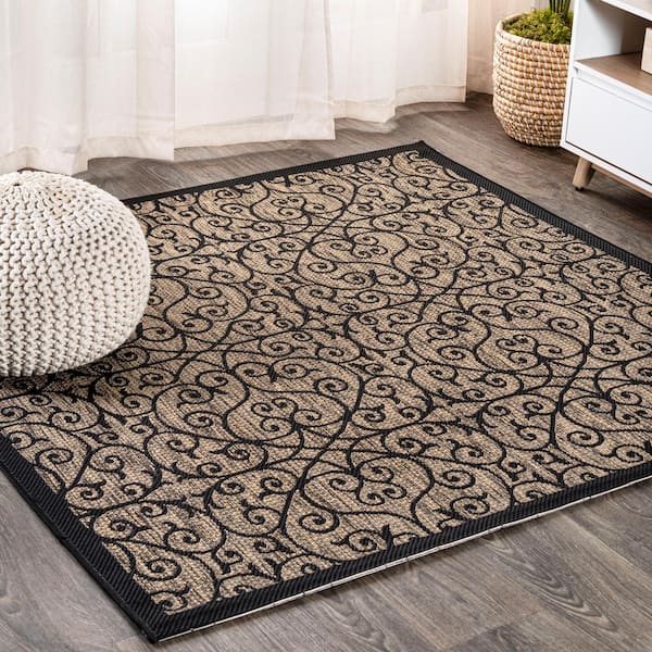 Black/Khaki 5 ft. Square Madrid Vintage Filigree Textured Weave Indoor/Outdoor Area Rug