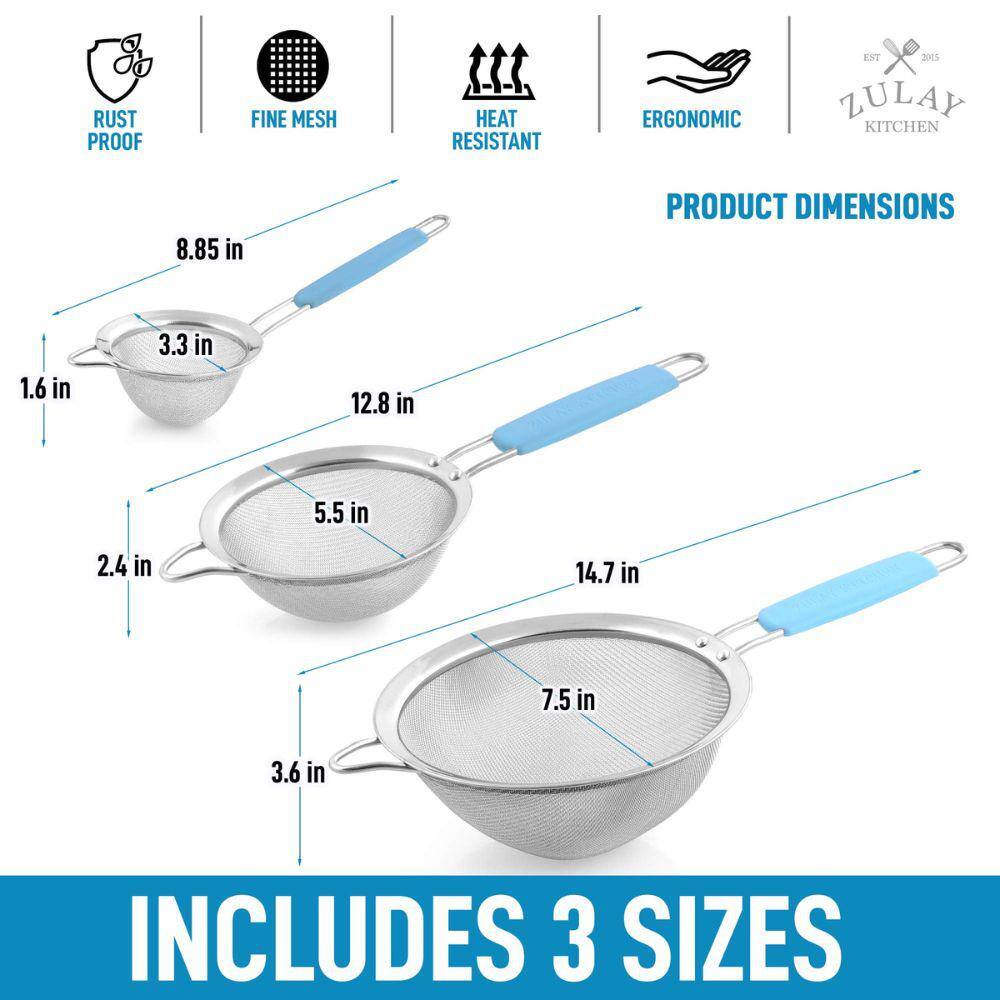 Blue Stainless Steel Mesh Strainer Set with Non-Slip Handles