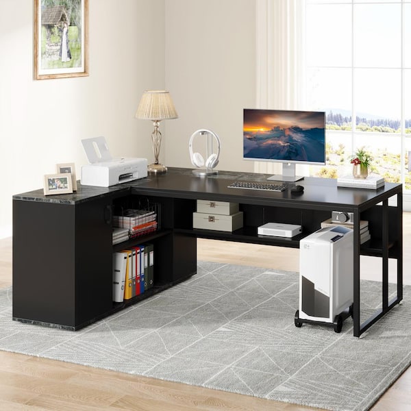 Lanita 71 in. L Shaped Black Engineered Wood Executive Desk Large Computer Desk with File Cabinet for Home Office