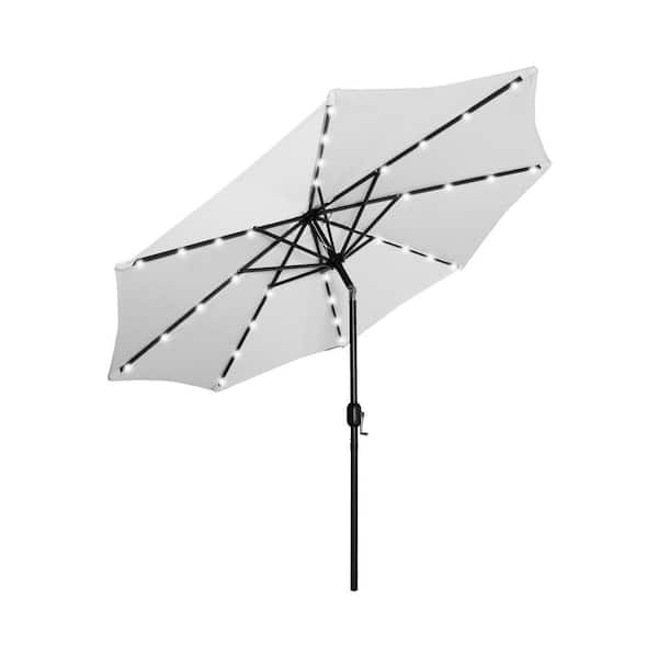 Marina White 9 ft. Market Solar Powered LED Lighted Tilt Patio Crank Umbrella
