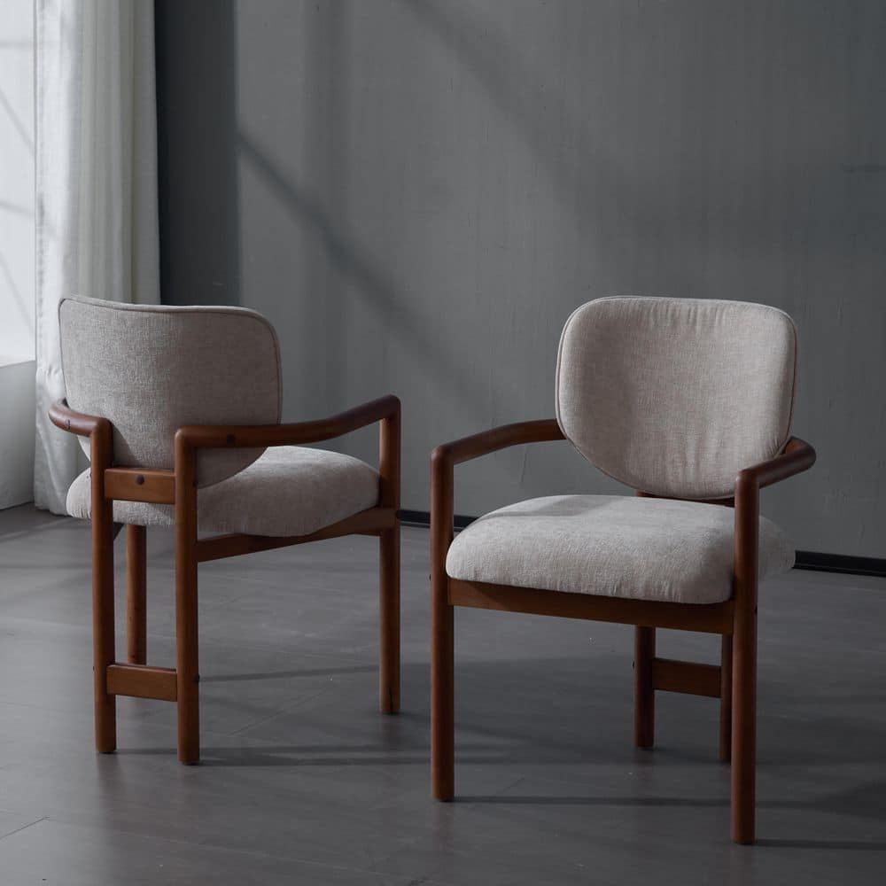 Dark Brown and Beige Fabric Upholstered Solid Rubber Wood Frame Dining Chairs, Arm Chairs (Set of 2)