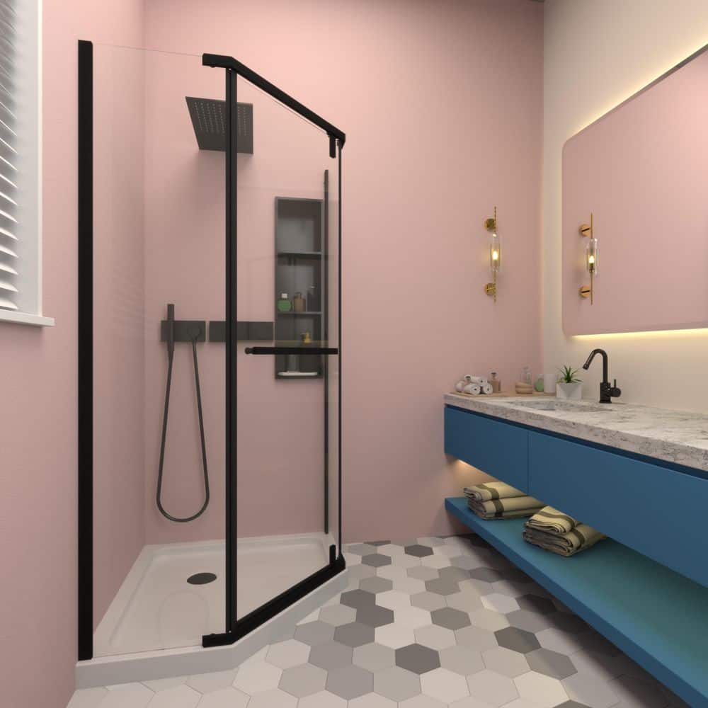 34 3/4 in. W x 72 in. H Frameless Neo-Angle Pivot Shower Door in Matte Black Finish with Tempered 1/4 in. Glass price history on PriceWatchPro