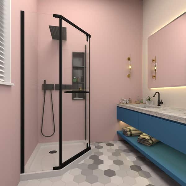KeepTech 34 3/4 in. W x 72 in. H Frameless Neo-Angle Pivot Shower Door in Matte Black Finish with Tempered 1/4 in. Glass