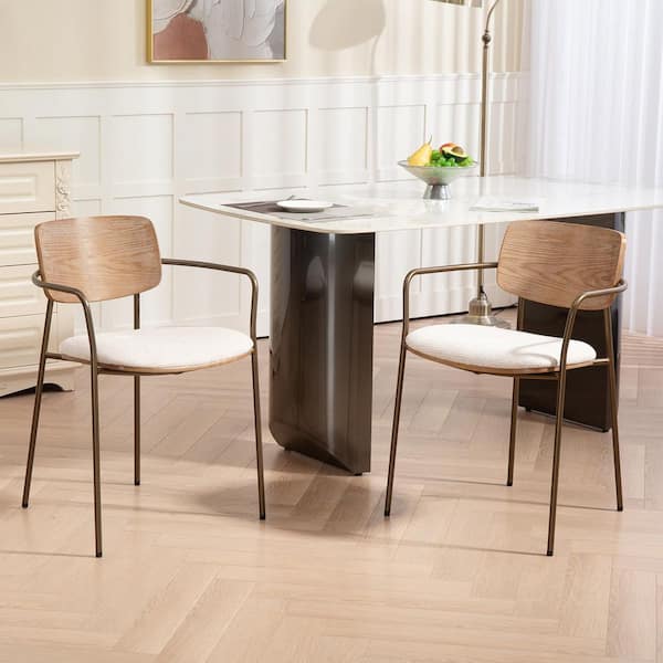 Glamour Home Bernadine Beige Washed Woven Fabric Dining Chair with Natural Wood Back and Iron Arms and Legs Set of 2