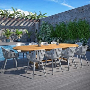 RiRi Gray 11-Piece Eucalyptus Wood and Aluminum Patio Rectangular Dining Table Set Ideal for Outdoors