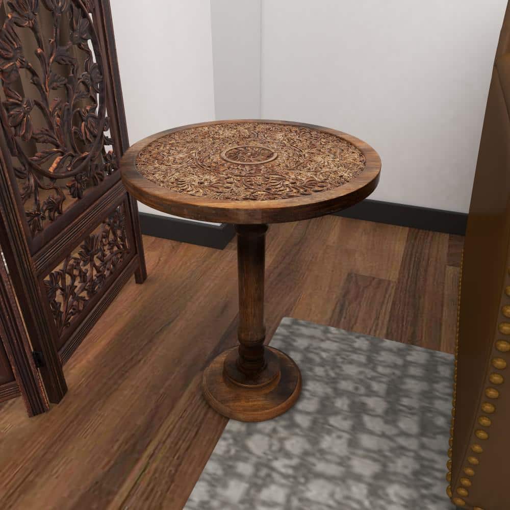Majestic Floral Carved Dark Brown Mango Wood Round Accent Table