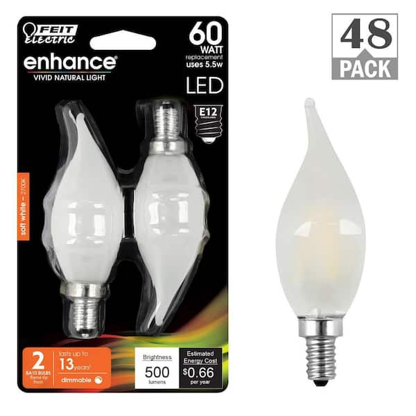 60-Watt Equivalent BA10 E12 Candelabra Dimmable Filament CEC Frosted Glass Chandelier LED Light Bulb Soft White(48-Pack)