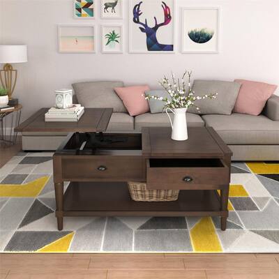 38.2 in. L Brown 18 in. H Rectangle Pine Wood Lift Top Coffee Table with 1 Build-in Drawer and 1 Shelf