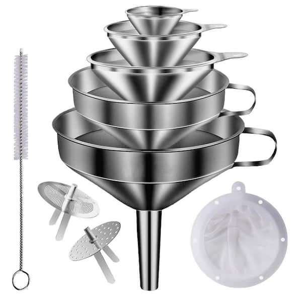 5-Piece Stainless Steel Kitchen Funnel Set with 2 Removable Strainers for Liquids, Oils, Jam and Dry Goods