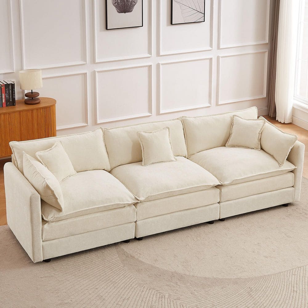 GOJANE 112.2 in. Square Arm 3-Piece Chenille Deluxe Pillow-Styled