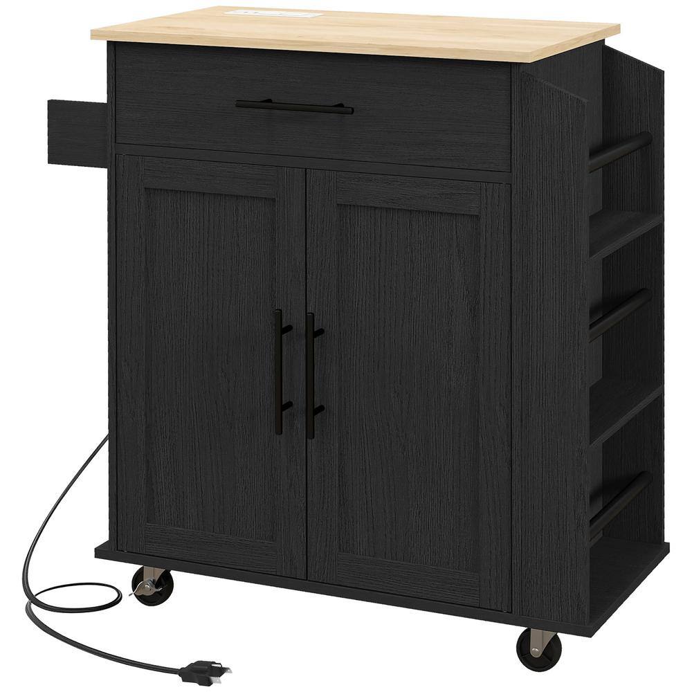 Black Wood 29.9 in. Kitchen Island with AC Outlets and USB Ports, Towel and