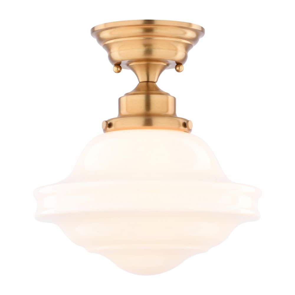 Huntley 10 in. Farmhouse Globe Satin Natural Brass Semi-Flush Mount Ceiling Light for Bedroom, White Schoolhouse Glass price history on PriceWatchPro