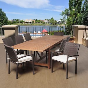 Yorke 9-Piece Eucalyptus Extendable Rectangular Patio Dining Set with Off-White Cushions